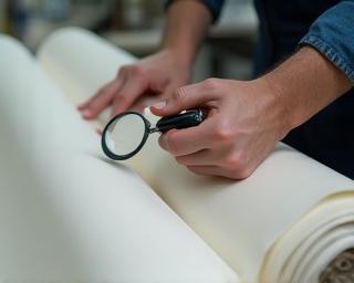 Textile expert meticulously inspecting a roll of finished fabric with a magnifying tool for quality