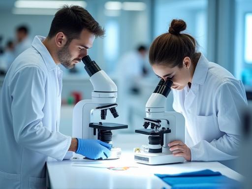 Modern textile innovation lab with researchers in white coats examining fabric samples under microscopes.